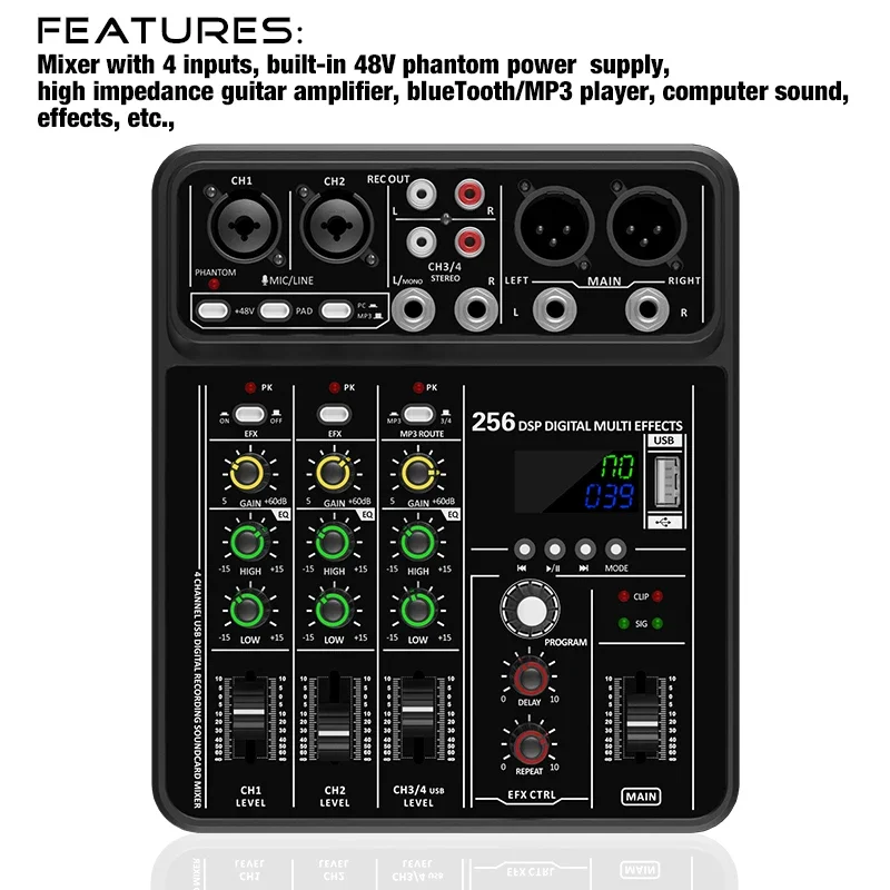 Audio Mixer 4 Channel - Audio-interface mixer met Bluetooth, USB-opname, computer,